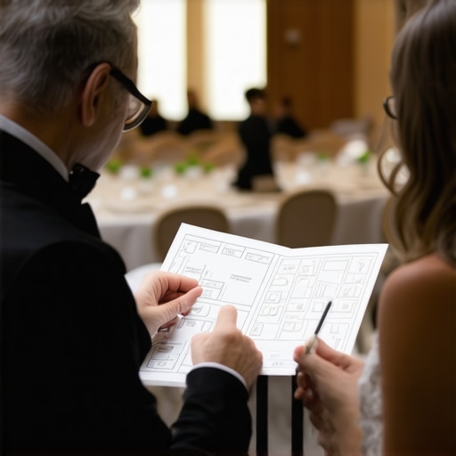 Professional performer and event planner analyzing a ballroom layout to optimize guest flow and rental placement.