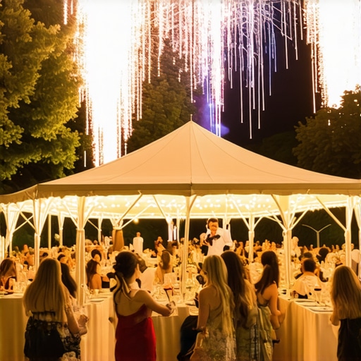 Professional event setup with cocktail tables, heated tents, and live performance zones for maximum guest engagement.