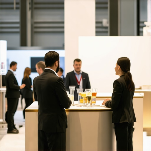 A professional trade show booth focused on human interaction over excessive technology.