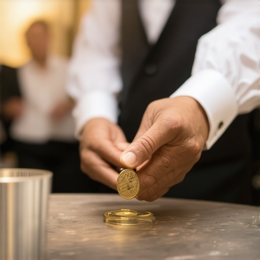 Strategic Networking with Sleight of Hand Close up of a coin trick at a corporate gala table