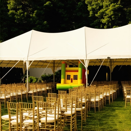 Professional outdoor event setup with tent, chairs, and bounce house safety