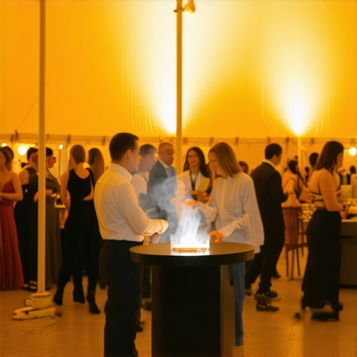 A well-designed event inside a heated tent with amber lighting and interactive guest zones