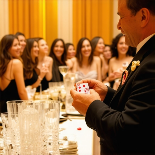 A magician performing close-up magic for guests in a food line to maintain event energy.