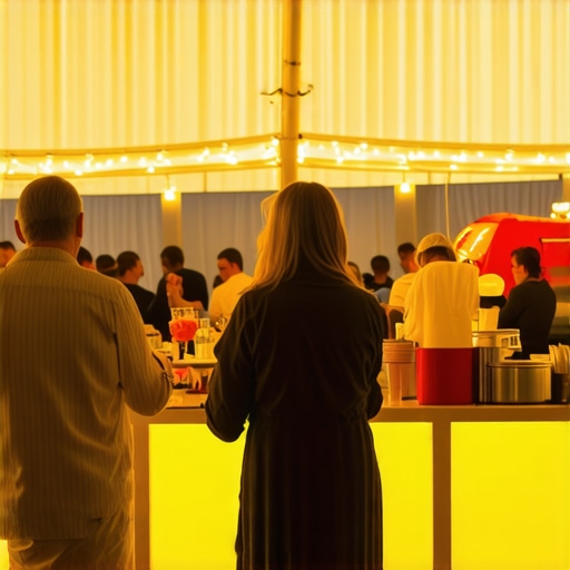Strategically Placed Interactive Event Rentals A high-end outdoor party tent featuring a social hub with an interactive food station and lounge furniture.