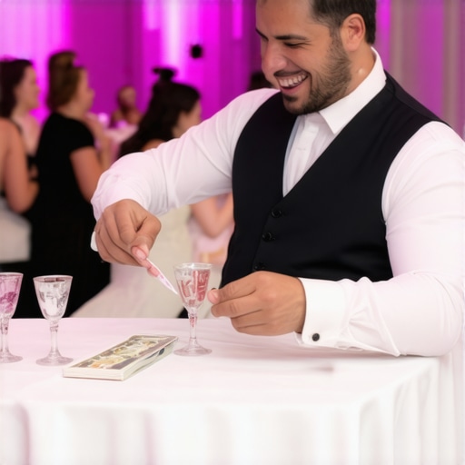 Magician performing for guests at a wedding to bridge the cocktail hour gap.