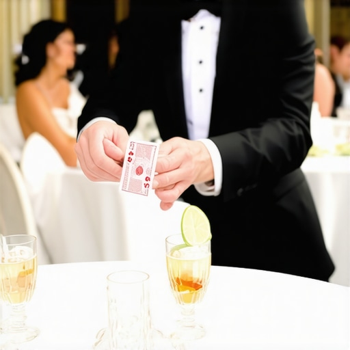 Close-up magician performing at a corporate gala table.