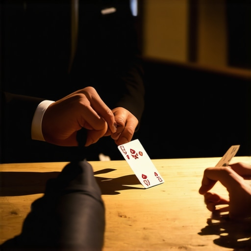 Close-up magician performing on a sustainable wood table at a corporate event