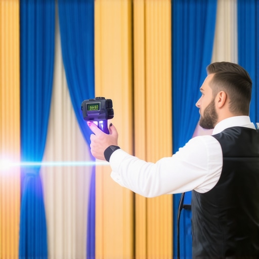 Event planner measuring ballroom layout for cobalt blue wedding theme