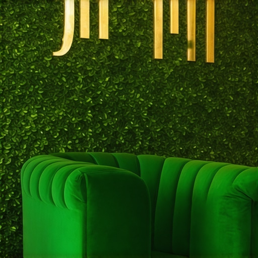 A high-end boxwood event backdrop with gold lettering and lounge furniture showing depth and texture.