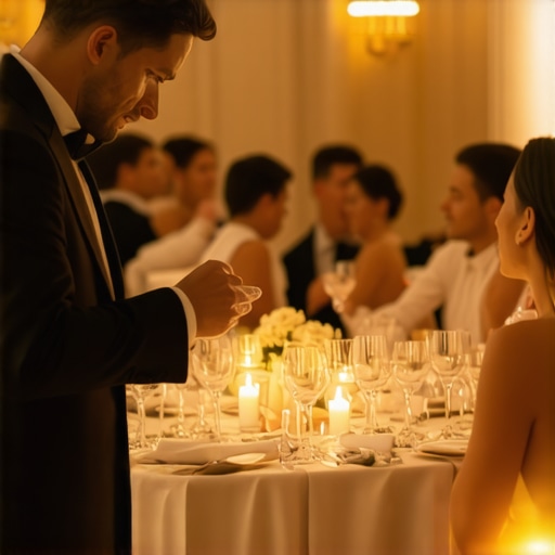 Magician performing close-up magic for guests at a corporate event with elegant decor.