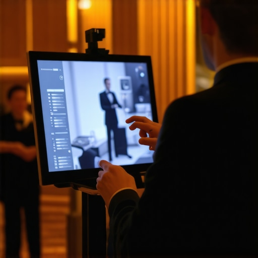 An elegant guest at a luxury event experiencing personalized AI technology and live magic performance simultaneously.