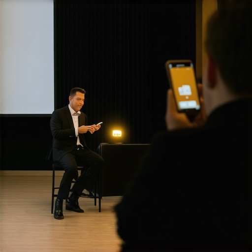A professional magician performing close-up magic for guests who are ignoring their mobile phones in a modern event setting.