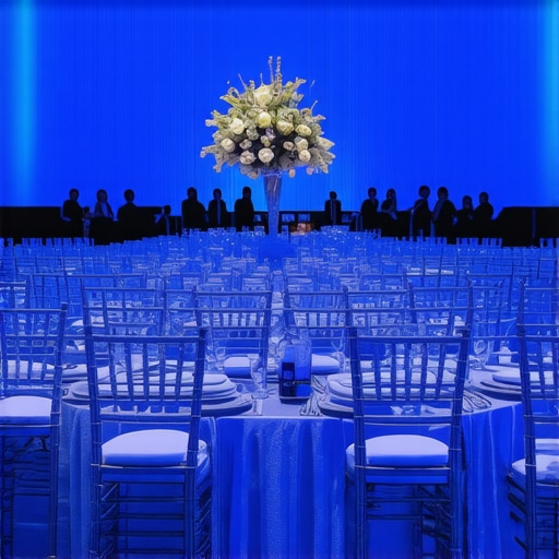A formal corporate event room with cobalt blue decor and stiff seating that discourages guest interaction