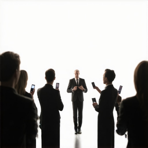 The Digital Distraction at Live Events Audience members using mobile phones while a performer stands in the background at a corporate event.
