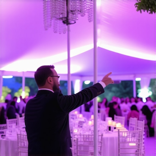 A professional magic performance engaging a crowd at a luxury event tent.