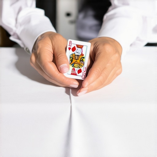 The Precision of Performance Surface Texture Close-up of a magician performing card flourishes on a high-quality rental table with professional lighting.