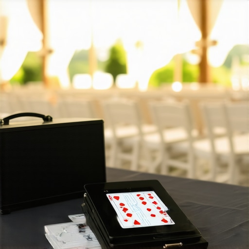 The Professional Event Toolkit for Immersive Experiences Professional event planning and performance gear including sound equipment and specialized props on a linen table.