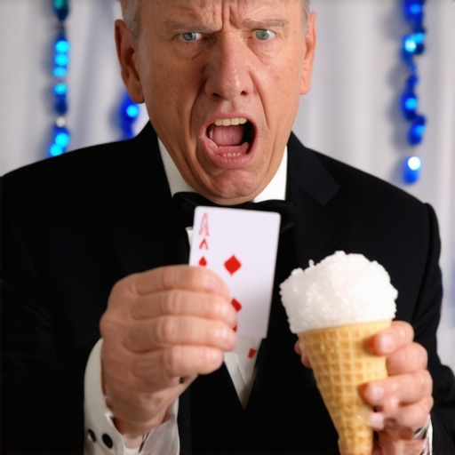 A magician struggling with sticky cards near a food station at a gala.