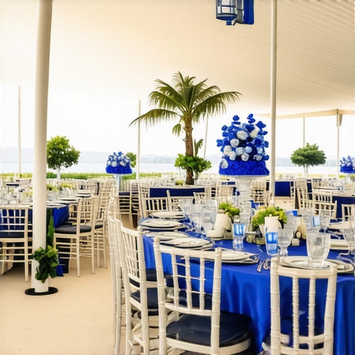 Luxury event tent with cobalt blue decor showing a blocked view of the stage