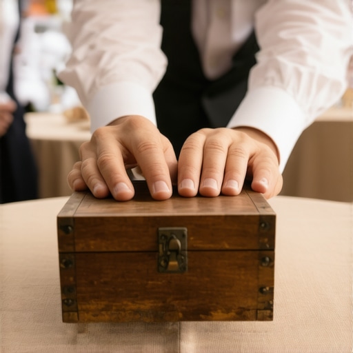 The power of natural textures in professional magic Magician using a wooden prop box on a linen table at a corporate gala.