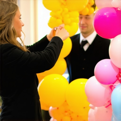 A decorator engaging guests while building a balloon arch at a gala.