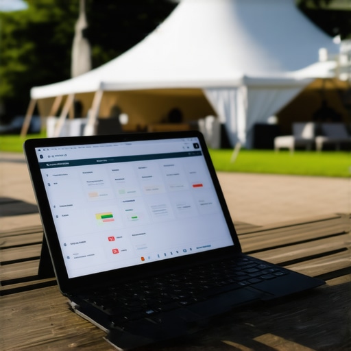 Using Technology to Manage High-End Event Rentals Professional event management app dashboard on a tablet at an outdoor event venue