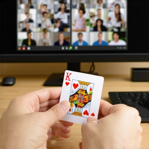 A presenter using a physical playing card to engage a virtual audience through a webcam.